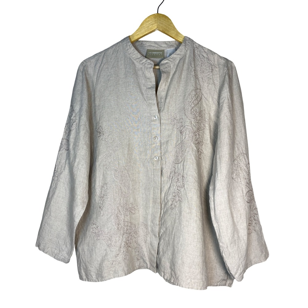Liz Claiborne Lizwear 100%Linen Embroidered Paisley Blouse Beige XL Womens Top